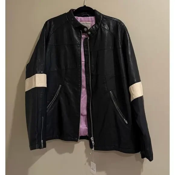 We The Free People Ryder Striped Leather Coat Jacket Black Large L NWT - Picture 4 of 7